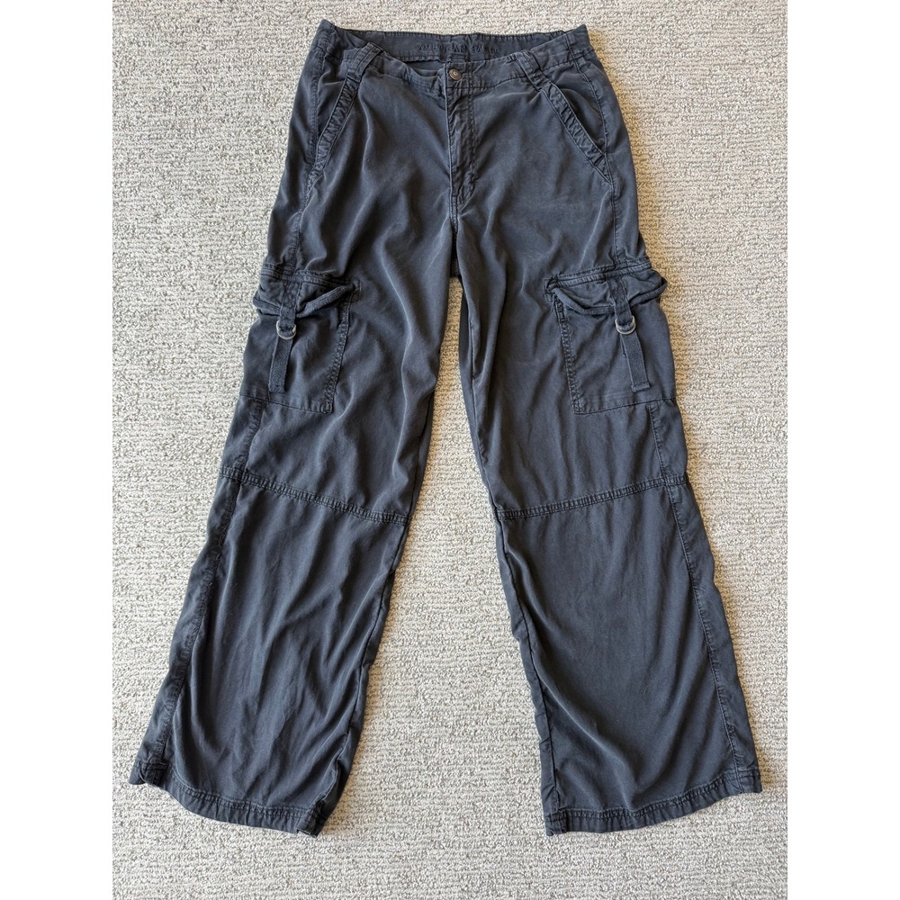 American Eagle Women Black Wide Leg Cargo Pants Size 8 Lyocell Stretch Utility